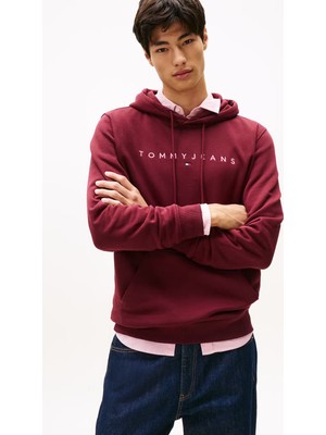 Erkek Tjm Regular Linear Logo Kapüşonlu Sweatshirt -  Bordo