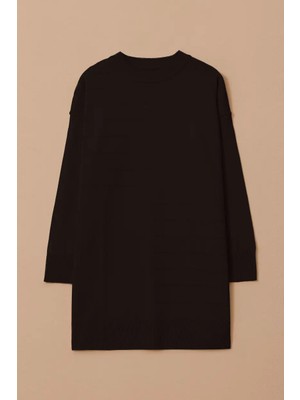 Kadın Çizgi Desen Detaylı Triko Tunik - Siyah