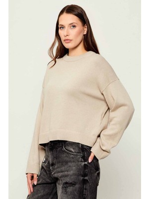 Kadın Bisiklet Yaka Regular Fit Kısa Kazak - Bej