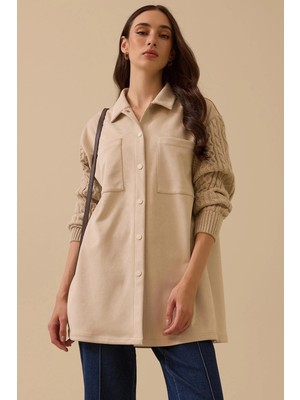 Kadın Triko Kollu Çift Cepli Gömlek - Bej