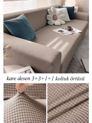 StarMall Streç Lastikli Esnek Yikanabilir Kare Desen Berjer Kotuk Örtüsü Takımı 3+3+1+1