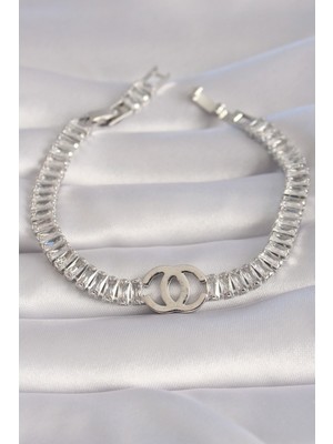 Vice Avm Pirinç Gümüş Renk Zirkon Taşlı Su Yolu Model VIP Seri Kadın Bileklik