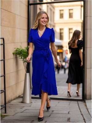 Kadın Kruvaze Yaka Midi Boy Kuşaklı Krep Elbise 120 cm