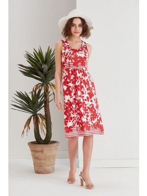 Kadın Kırmızı Çiçekli Cepli Spor Şık Kolsuz Viskon Curve Büyük Beden Günlük Elbise
