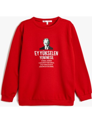 Koton Atatürk Baskılı Sweatshirt Şardonlu Bisiklet Yaka Uzun Kollu