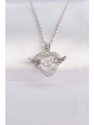 Vice Avm 316L Çelik Zincir Gümüş Renk Zirkon Taşlı Kanatlı Kalp Kolye