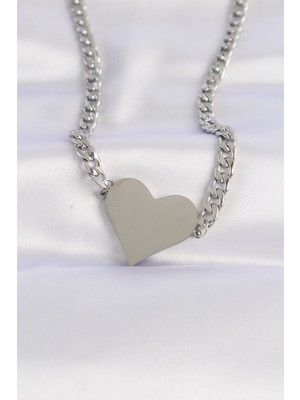 Vice Avm 316L Çelik Zincir Gümüş Renk Düz Plaka Kalp Kolye