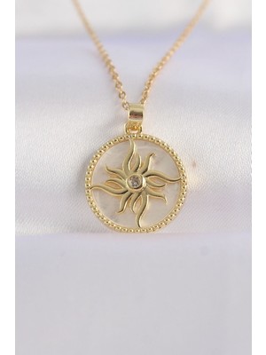 316L Çelik Zincir Altın Renk Zirkon Taşlı Oval Tasarım Güneş Kolye