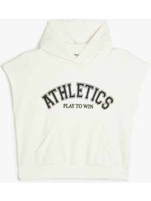 Koton Kapşonlu Sweatshirt Kolsuz Slogan Baskılı Kanguru Cepli Pamuklu