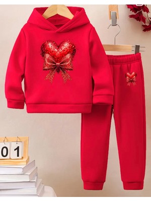 Kıds Face Özel Tasarım Kapüşonlu Kalbin Kurdelesi Baskılı Kız Çocuk Kışlık Eşofman Takımı