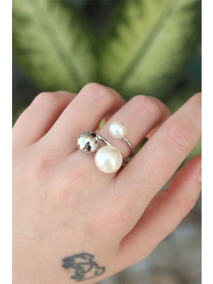 Pirinç Gümüş Renk Ayarlanabilir Inci Taşlı Yüzük