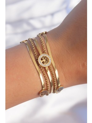 Vice Avm 316L Çelik Gold Renk İtalyan Zincir Detaylı Zirkon Taşlı Yaşam Ağacı Tasarımlı Çoklu Bileklik