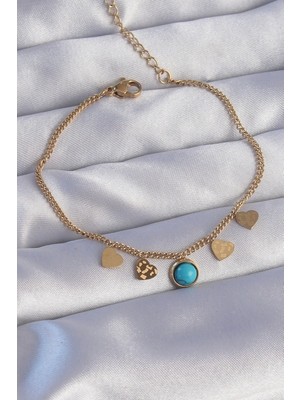 Vice Avm 316L Çelik Gold Renk Minimal Kalpli Mavi Taş Detaylı Bileklik