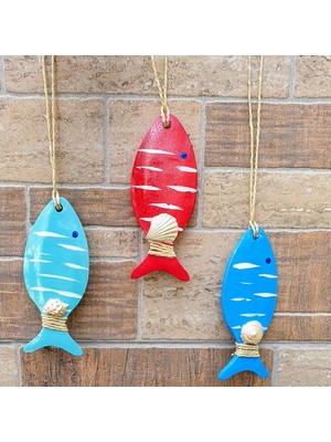 Balık Duvar Süsü, 3'lü Set, Kırmızı ve Mavi Tonları, Deniz Kabuğu Detaylı
