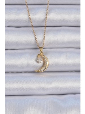 316L Çelik Zincir Altın Renk Zirkon Taşlı Sallantılı Ay Yıldız Kolye