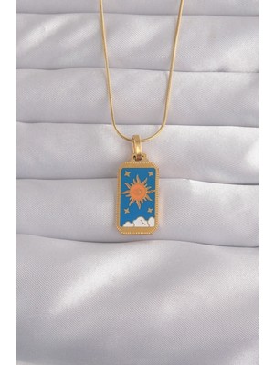 Vice Avm 316L Çelik Gold Renk Mavi Mineli Güneş Model Tarot Kolye