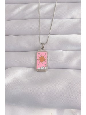 316L Çelik Gümüş Renk Pembe Mineli Güneş Model Tarot Kolye