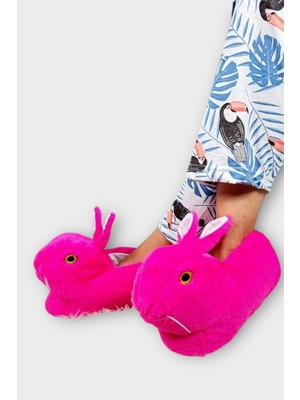 Liger Peluş Tavşan Figürlü Kaymaz Kadın Ev Panduf Fuşya Antibakteriyel Tekstil Materyal