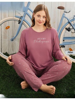 Pijamoni Kadın Milan Büyük Beden Bisiklet Yaka Uzun Kol Ince Pijama Takımı 7666/26 - 1 Adet