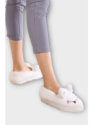 Kışlık Kadın Panduf Ev Ayakkabısı | Kurbağa Figürlü | Kaydırmaz Taban Beyaz