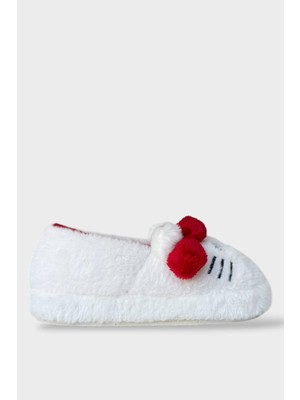 Kışlık Kadın Hellokitty Figürlü Kaydırmaz Taban Ev Ayakkabısı Panduf Beyaz - Kırmızı