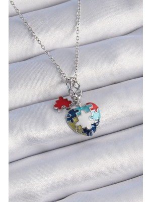 Vice Avm 316L Çelik Gümüş Renk Yapboz Motif Kalp Figür Charm Model Kadın Kolye