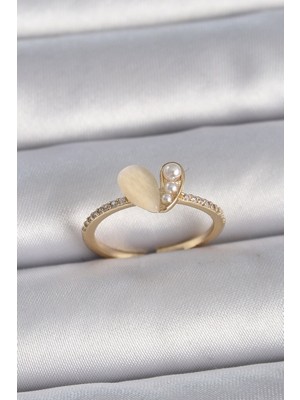 Pirinç Gümüş Renk Ayarlanabilir Zirkon Taşlı Beyaz Mineli Kalp Model Kadın Yüzük