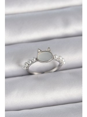 Pirinç Gümüş Renk Ayarlanabilir Beyaz Mineli Kedi Model Inci Detay Kadın Yüzük