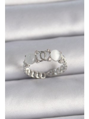 Pirinç Gümüş Renk Ayarlanabilir Zirkon Taşlı Beyaz Mineli Birleşik Halka Model Kadın Yüzük