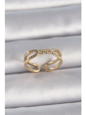 Pirinç Gold Renk Ayarlanabilir Zirkon Taşlı Sarmal Model Kadın Yüzük