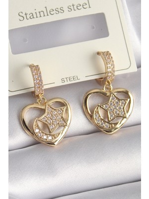 Pirinç Gold Renk Zirkon Taşlı Kalp Model Ay Yıldız Işleme Kadın Küpe