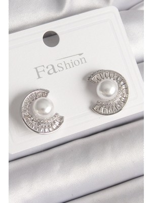 Pirinç Gümüş Renk Zirkon Taşlı Salyangoz Model Inci Detay Kadın Küpe