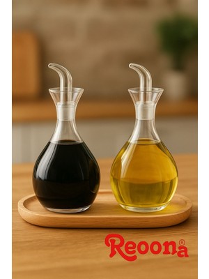 Reoona 2 Adet Borosilikat Tombul Düz Cam Yağdanlık Yağlık ve Sirkelik Seti 900 ML+900 ml Bambu Standlı