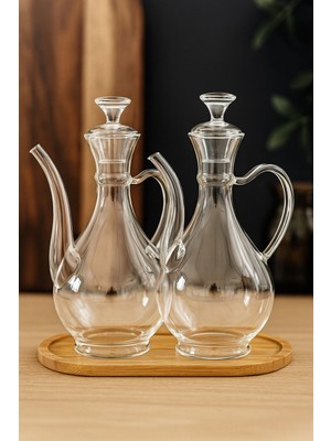 Reoona Bambu Standlı Borosilikat Cam Glorry Yağlık 2'li Set  700 ML+700 ml