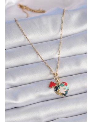 Vice Avm 316L Çelik Gold Renk Yapboz Motif Kalp Figür Charm Model Kadın Kolye