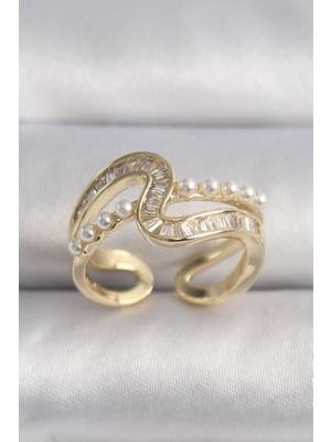 Pirinç Gold Renk Zirkon Taşlı Inci Detay Vıp Seri Kadın Yüzük