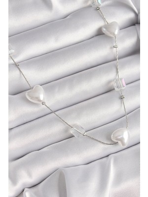 Vice Avm Pirinç Gümüş Renk Beyaz İnci Kalp Model Kadın Kolye