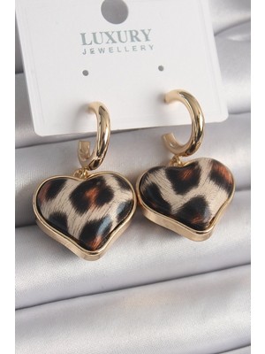 Pirinç Gold Renk 3D Kalp Leopar Model Kadın Küpe