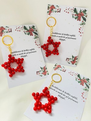 Yılbaşı Noel Hediyelikleri Kırmızı Incili Yıldız Anahtarlık 15 Adet
