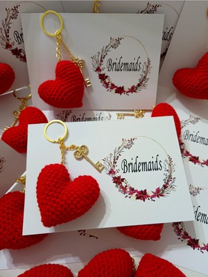 10 Adet Bridemaids Amigurumi Kırmızı Kalp Anahtarlık