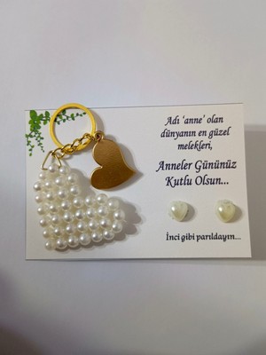 10 Adet Anneler Günü Hediyesi Inci Küpe ve Anahtarlık