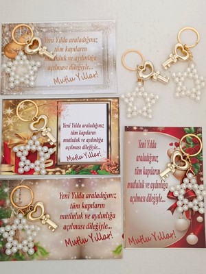 10 adet Noel Hediyelik Kilit Aparatlı Beyaz Inci Yıldız Anahtarlık
