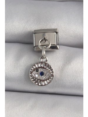 316L Çelik Gümüş Renk Sallantı Zirkon Taşlı Göz Model Nomination Charm