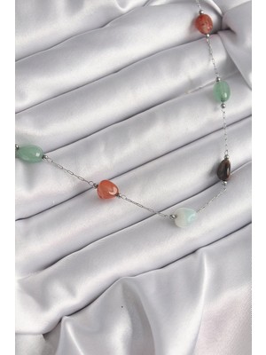 Vice Avm 316L Çelik Gümüş Renk Zincir Renkli Doğaltaş Model Kadın Kolye