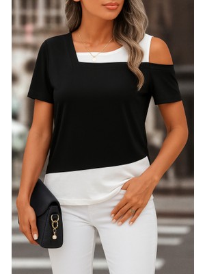 Gökyüzü Moda Kadın Kısa Kollu Geometrik Kesin Detaylı Çift Renkli Viskon Bluz
