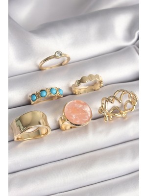 Pirinç Gold Renk Daire Pembe Mineli Zirkon Taş Detaylı 6'lı Kadın Yüzük Seti