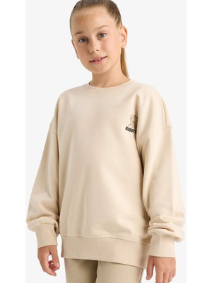 DeFacto Oversize Geniş Kalıp Bisiklet Yaka Baskılı Sweatshirt Kız Çocuk E6755A825AU