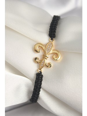 Vice Avm Pirinç Gold Renk Zirkon Taşlı Zambak Figür Asansörlü Makrome Model Kadın Bileklik