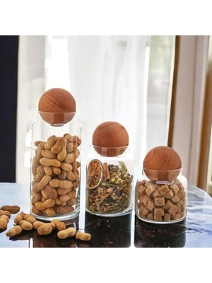 3 Lü Ahşap Kapaklı Cam Saklama Kavanoz Seti - Modern Küre Kapak Tasarımıyla Kuruyemiş, Kahve, Şeker ve Baharat Depolama