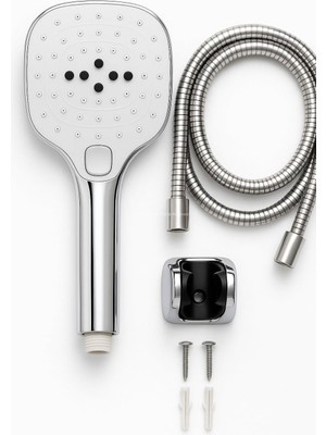 Spiralli Duş Başlığı Seti, 3 Fonksiyonlu Tuşlu Geniş Gövde Krom Duş Başlığı, 150 cm Duş Hortumu, Mafsallı Başlık, Vida ve Dübel Dahil, Su Tasarruflu, Duvara Monte Banyo Takımı